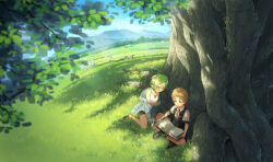 Rule 34 | 1boy, 1girl, absurdres, against tree, ahoge, ayanagi0319, bare shoulders, black shorts, black vest, blonde hair, clothes pull, collared shirt, crossed legs, day, forehead, grass, green eyes, green hair, highres, hill, horizon, jacket, jacket pull, kneeling, mountain, mushoku tensei, on grass, open clothes, open jacket, pointy ears, red eyes, rudeus greyrat, scenery, shirt, shorts, sitting, sky, sleeveless, sleeveless shirt, sylphiette (mushoku tensei), tree, vest, white jacket, white shirt