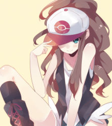 Rule 34 | 10s, 1girl, bad id, bad pixiv id, bare shoulders, baseball cap, blue eyes, boots, brown hair, creatures (company), cross-laced footwear, denim, denim shorts, game freak, hat, hat over one eye, hilda (pokemon), kneehighs, lace-up boots, long hair, mishima kurone, nintendo, one eye covered, pokemon, pokemon bw, ponytail, shorts, socks, solo, vest