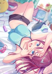Rule 34 | 1girl, :d, armpits, arms up, bare arms, bare shoulders, bed, black shorts, blue eyes, blue shirt, breasts, camisole, crop top, crop top overhang, finger frame, game console, highres, knees up, large breasts, long hair, looking at viewer, lying, midriff, navel, on back, on bed, open mouth, original, pillow, purple hair, sex toy, shirt, short shorts, shorts, sleeveless, sleeveless shirt, smile, solo, spaghetti strap, stomach, stuffed animal, stuffed shark, stuffed toy, tenzeru, thighs, upside-down, vibrator