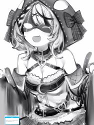 Rule 34 | 1girl, :d, animal hood, belt, belt collar, breasts, chest belt, cleavage, collar, detached sleeves, eye mask, fang, greyscale, heart pendant, highres, hololive, hood, hood up, long sleeves, looking at viewer, medium breasts, medium hair, monochrome, nanashi (nlo), one eye closed, open mouth, orca hood, sakamata chloe, simple background, skin fang, smile, solo, virtual youtuber, white background