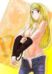 Rule 34 | 00s, 1girl, blonde hair, blue eyes, blush, breasts, camisole, censored, cleavage, clothes lift, clothes pull, convenient censoring, denim, fullmetal alchemist, hair censor, hair over breasts, jeans, large breasts, lithiumia, long hair, navel, no bra, panties, pants, pants pull, shirt lift, solo, standing, sweatdrop, underwear, undressing, unzipped, white panties, winry rockbell, zoom layer