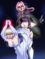 Rule 34 | 1boy, 1girl, artoria pendragon (all), artoria pendragon (fate), astolfo (fate), blonde hair, blush, captain kirb, clothed sex, fate (series), green eyes, netorare, pink eyes, pink hair, rape, saber (fate), sex, sex from behind, sound effects, trap, trap on female