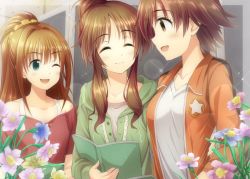 Rule 34 | 10s, 3girls, :d, ;d, ^ ^, aqua eyes, bare shoulders, blush, book, breasts, brown eyes, brown hair, closed eyes, flower, hino akane (idolmaster), honda mio, hood, hoodie, idolmaster, idolmaster cinderella girls, jacket, long hair, ment, multiple girls, off-shoulder shirt, one eye closed, open book, open clothes, open jacket, open mouth, ponytail, shirt, short hair, smile, takamori aiko, tank top, track jacket