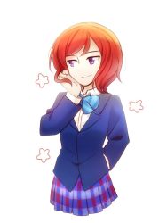 Rule 34 | 1girl, arm behind back, artist name, artist request, blue bow, blue bowtie, blue jacket, blue skirt, blush, bow, bowtie, female focus, hair between eyes, jacket, kneehighs, long sleeves, looking at viewer, love live!, love live! school idol project, miniskirt, nishikino maki, otonokizaka school uniform, pink petals, plaid, plaid skirt, playing with own hair, pleated skirt, purple eyes, red hair, retayu arth, school uniform, shirt, short hair, skirt, socks, solo, striped bow, striped bowtie, striped clothes, swept bangs, white background, white shirt