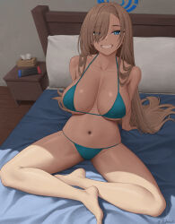 Rule 34 | 1girl, arm support, asuna (blue archive), bed, bikini, blonde hair, blue archive, blue bikini, blue eyes, breasts, grin, hair over one eye, halo, highres, large breasts, leaning back, long hair, looking at viewer, navel, nightstand, nintendo switch, on bed, pillow, sitting, smile, solo, stomach, string bikini, swimsuit, teeth, thighs, tissue box, very long hair, zaphn