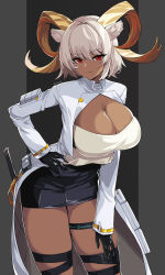 Rule 34 | 1girl, absurdres, animal ears, arknights, black gloves, black thighhighs, breasts, carnelian (arknights), cleavage, cleavage cutout, clothing cutout, dark-skinned female, dark skin, gloves, goat girl, goat horns, halterneck, hand on own hip, hella p, highres, horns, infection monitor (arknights), large breasts, leaning forward, long sleeves, looking at viewer, open clothes, red eyes, short hair, skirt, smile, thigh strap, thighhighs, thighs, weapon, white hair