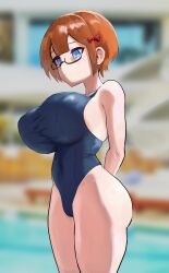 Rule 34 | 1girl, absurdres, bare shoulders, blue eyes, blue one-piece swimsuit, bokutachi wa benkyou ga dekinai, bow, breasts, collarbone, competition school swimsuit, covered navel, glasses, groin, hair bow, highres, huge breasts, indoors, ogata rizu, one-piece swimsuit, orange hair, pool, school swimsuit, short hair, solo, swimsuit, thighs