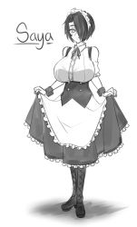 Rule 34 | 1girl, boots, breasts, character name, commentary, cross-laced footwear, english commentary, frills, full body, greyscale, hair over one eye, huge breasts, knee boots, looking at viewer, maid, maid headdress, monochrome, original, saya (twrlare), short hair, simple background, skirt hold, smile, solo, standing, twrlare, underbust, wrist cuffs