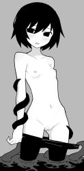Rule 34 | 1girl, akableak, arms at sides, assisted exposure, black eyes, black hair, black pants, bob cut, bound, bound arms, breasts, cleft of venus, clothes pull, collarbone, commentary, cowboy shot, empty eyes, english commentary, grey background, greyscale, groin, hair between eyes, highres, hip bones, light blush, light frown, looking at viewer, monochrome, monogatari (series), navel, nipples, no panties, oshino ougi, pants, pants pull, parted lips, pussy, short hair, simple background, small breasts, solo, standing, tentacles, topless, wading