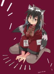 Rule 34 | 1girl, alternate costume, animal ears, black hair, black pantyhose, commentary request, common raccoon (kemono friends), extra ears, feet, floral print, grey hair, highres, jacket, kemono friends, legs, long sleeves, multicolored hair, nail polish, nanana (nanana iz), no shoes, pantyhose, print jacket, raccoon ears, raccoon girl, raccoon tail, red jacket, short hair, sitting, solo, stick, tail, translation request, wariza, white hair