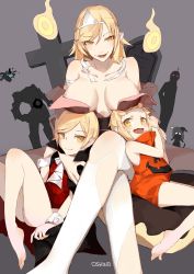 Rule 34 | 3girls, aged down, aged up, bakemonogatari, bandaged arm, bandaged neck, bandages, bare shoulders, blonde hair, breasts, breasts apart, cleavage, collarbone, cross, crossed legs, decapitation, dress, elbow gloves, eyeshadow, fang, fangs, gloves, glowing, grave, hair ornament, hairband, halloween, highres, kiss-shot acerola-orion heart-under-blade, knight, large breasts, legs, long hair, makeup, monogatari (series), multiple girls, no bra, open mouth, oshin0 (zheng), oshino shinobu, pantyhose, pointy ears, pumpkin costume, red dress, sitting, smile, strapless, strapless dress, tombstone, torn clothes, torn legwear, vampire, yellow eyes