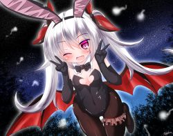 Rule 34 | 1girl, ;d, animal ears, azur lane, bare shoulders, bat wings, black bow, black bowtie, black footwear, black gloves, black leotard, black pantyhose, black ribbon, blush, bow, bowtie, breasts, bridal garter, cleavage, cleavage cutout, clothing cutout, collarbone, commentary request, detached collar, double v, dutch angle, elbow gloves, fake animal ears, fang, gloves, hair between eyes, hair ribbon, heart cutout, hitodama, kanijiru, leotard, long hair, looking at viewer, low wings, medium breasts, night, night sky, one eye closed, open mouth, outdoors, pantyhose, playboy bunny, purple eyes, rabbit ears, rabbit girl, red ribbon, red wings, ribbon, shoes, signature, silver hair, sky, smile, solo, star (sky), starry sky, strapless, strapless leotard, twintails, v, vampire (azur lane), very long hair, wings