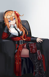 Rule 34 | 1girl, ahoge, bad id, bad pixiv id, belt, black footwear, black necktie, black pantyhose, blonde hair, blue eyes, blush, boots, breasts, brown hair, buckle, buttons, cleavage, coat, collared shirt, couch, crossed legs, double-breasted, elbow rest, eyewear on head, girls&#039; frontline, gloves, griffin &amp; kryuger military uniform, hair between eyes, hair ornament, hair over shoulder, hair ribbon, head on hand, kalina (girls&#039; frontline), knee pads, large breasts, long hair, looking at viewer, necktie, pantyhose, red ribbon, ribbon, round eyewear, shirt, side ponytail, sidelocks, sitting, sleeves rolled up, smile, solo, sunglasses, thigh boots, thighhighs, thighs, tsuaaa, white shirt