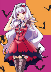 Rule 34 | 1girl, 7nanappe, bat (animal), dress, fang, fingerless gloves, foreshortening, garter straps, gloves, hairband, halloween, heart, idolmaster, idolmaster (classic), jewelry, long hair, my dear vampire, nail polish, nanappe, necklace, outstretched arm, red eyes, red nails, shijou takane, silver hair, solo, spider web print, thighhighs