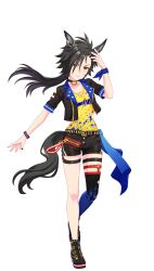 Rule 34 | 1girl, air shakur (umamusume), animal ears, arm up, bad link, belt, black footwear, black hair, black jacket, black shorts, blue thighhighs, boots, collarbone, cropped jacket, eyebrow piercing, full body, game model, highres, horse ears, horse girl, horse tail, jacket, jewelry, long hair, necklace, open mouth, paint on clothes, parted bangs, parted lips, piercing, sharp teeth, shirt, short shorts, short sleeves, shorts, single thighhigh, solo, standing, tail, teeth, thighhighs, transparent background, umamusume, v-shaped eyebrows, wristband, yellow shirt
