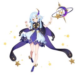 Rule 34 | 1girl, absurdres, bare arms, bare legs, bare shoulders, blue cloak, blue dress, blue footwear, blue hair, blunt bangs, blunt ends, blush, bracelet, cloak, crescent, dress, eversoul, frilled skirt, frills, full body, game cg, hair ornament, highres, jewelry, looking to the side, official art, orb, parted lips, pointy ears, ribbon, short hair, skirt, sleeveless, sleeveless dress, solo, star (symbol), tachi-e, talia (eversoul), transparent background, turtleneck, turtleneck dress, two-tone dress, yellow eyes