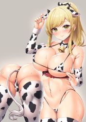 Rule 34 | 1girl, absurdres, anal, anal object insertion, anal tail, animal ears, animal print, ass, bell, belt, bent over, bikini, blonde hair, blush, breasts, butt plug, chinese zodiac, cleft of venus, collar, cow ears, cow girl, cow horns, cow print, cow print sleeves, cow tail, detached sleeves, fake animal ears, fake horns, fake tail, female focus, high ponytail, highleg, highleg bikini, highres, holding, horns, large breasts, long hair, looking at viewer, micro bikini, multiple views, navel, neck bell, object insertion, original, simple background, skindentation, smile, solo, swimsuit, tail, thighhighs, wakuta chisaki, year of the ox, yellow eyes