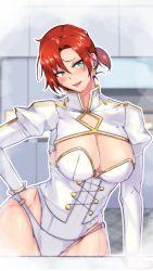 Rule 34 | 1girl, blush, boudica (fate), breasts, cleavage, corset, earrings, fate/grand order, fate (series), green eyes, highres, jewelry, large breasts, long sleeves, looking at viewer, o-ring, open mouth, panties, red hair, short hair, short ponytail, shrug (clothing), smile, solo, underwear, white panties, zumizu
