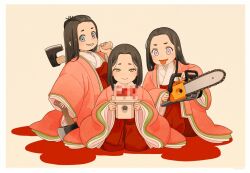 Rule 34 | 3girls, akai sashimi, axe, bangs pinned back, blue eyes, border, brown hair, chainsaw, closed mouth, commentary request, forehead, full body, grin, hakama, hinamatsuri, holding, holding axe, holding chainsaw, japanese clothes, kimono, layered clothes, layered kimono, long hair, long sleeves, looking at viewer, matching outfits, multiple girls, original, purple eyes, red hakama, sanbou, seiza, simple background, sitting, smile, suction cups, tentacles, tongue, tongue out, white border, wide sleeves, yellow eyes
