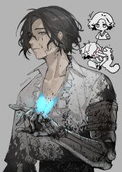 Rule 34 | 1boy, arm at side, artist name, black blood, black hair, black pants, blood, blood on clothes, blood on face, blood on hands, blue butterfly, blue eyes, bug, butterfly, cat, collarbone, collared shirt, freckles, frilled shirt, frills, grey background, half-closed eyes, highres, insect, kumashige, lies of p, long sleeves, looking at viewer, male focus, mechanical arms, multiple views, open clothes, open shirt, pants, pinocchio (lies of p), scratches, scratching, shirt, shirt tucked in, short hair, simple background, single mechanical arm, twitter username, upper body, white shirt