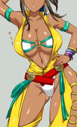 Rule 34 | 1girl, bracelet, breasts, character name, earrings, hand on own hip, hoop earrings, jewelry, large breasts, lips, long hair, okyou, revealing clothes, solo, tan, the king of fighters, zarina