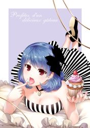 Rule 34 | 1girl, alternate costume, bare arms, bare shoulders, bed, black bow, black dress, black footwear, blue hair, blush, bow, breasts, cleavage, cupcake, domestic na kanojo, dress, feet up, female focus, food, french text, fruit, hair bow, hands up, high heels, holding, holding food, icing, jewelry, legs up, licking, lying, mary janes, medium breasts, necklace, no socks, on bed, on stomach, red eyes, sasuga kei, shoe soles, shoes, short hair, solo, strapless, strapless dress, strawberry, striped clothes, striped dress, tachibana rui, tongue, tongue out, vertical-striped clothes, vertical-striped dress, white dress