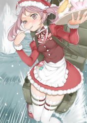 Rule 34 | 10s, 1girl, absurdres, apron, bow, bowtie, cake, christmas, dress, eating, food, fur trim, hair bobbles, hair ornament, hat, highres, kantai collection, long sleeves, machinery, maid, maid apron, pink hair, puffy long sleeves, puffy sleeves, red dress, red footwear, sai (saikun), santa costume, santa hat, sazanami (kancolle), shoes, solo, tears, thighhighs, twintails, utensil in mouth, white thighhighs