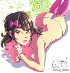 Rule 34 | 1girl, artist name, ass, bokuman, bow, breasts, brown hair, character name, eyelashes, hair bow, hair ornament, lips, looking at viewer, lying, mole, on stomach, orange eyes, panties, parted lips, pink thighhighs, skindentation, solo, striped clothes, striped panties, thighhighs, thong, twintails, underwear, underwear only