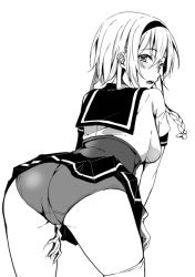 Rule 34 | 10s, 1girl, arched back, ass, blush, braid, greyscale, hair between eyes, hairband, jacob dream world, kantai collection, long hair, looking at viewer, looking back, monochrome, open mouth, panties, pleated skirt, school uniform, serafuku, short sleeves, sidelocks, simple background, skirt, solo, striped clothes, striped skirt, teeth, teruzuki (kancolle), thighhighs, thighs, twin braids, underwear, upskirt