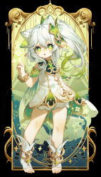 Rule 34 | 1girl, :o, absurdres, ai xiao meng, animal ear fluff, animal ears, artist name, black border, bloomers, blush, border, bracelet, cape, cat ears, commentary request, cross-shaped pupils, detached sleeves, dress, eyelashes, gem, genshin impact, gold trim, green background, green cape, green dress, green eyes, green gemstone, green hair, green sleeves, hair between eyes, hair ornament, hand up, highres, index finger raised, jewelry, leaf hair ornament, long hair, looking at viewer, multicolored hair, nahida (genshin impact), open mouth, outside border, pointy ears, short sleeves, side ponytail, sidelocks, sleeveless, sleeveless dress, solo, streaked hair, symbol-shaped pupils, toes, underwear, watermark, white bloomers, white dress, white hair