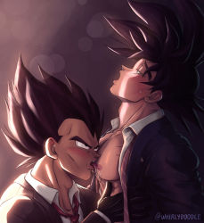 Rule 34 | 2boys, absurdres, bara, black gloves, black hair, black jacket, blush, collared shirt, dragon ball, dragonball z, gloves, highres, jacket, large pectorals, licking, licking nipple, looking at another, male focus, multiple boys, muscular, muscular male, necktie, nipple stimulation, nipples, open clothes, open mouth, open shirt, pectorals, saiyan, shirt, short hair, son goku, spiked hair, tongue, tongue out, twitter username, undone necktie, upper body, vegeta, whirlydoodle, white shirt, yaoi