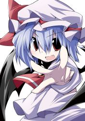 Rule 34 | 1girl, absurdres, bat wings, bibi02, blue hair, fang, female focus, hat, highres, red eyes, remilia scarlet, short hair, simple background, solo, touhou, white background, wings