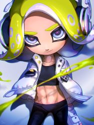 Rule 34 | 1boy, abs, absurdres, black pants, blonde hair, blue eyes, closed mouth, fingerless gloves, gloves, head tilt, headphones, highres, ink, jacket, looking at viewer, nintendo, octoling, octoling girl, octoling player character, open clothes, open jacket, otoboke-san, pants, signature, smile, solo, splatoon (series), splatoon 3, standing, trap, white background, white gloves, white jacket