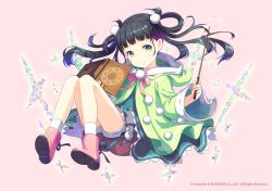 Rule 34 | 1girl, :&gt;, black hair, book, dokodemo dungeon, dungeon anywhere, green eyes, h2so4, looking at viewer, smile, socks, solo, twintails, wand