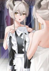 Rule 34 | 1girl, :d, apron, bare arms, bare shoulders, black dress, blush, collarbone, dress, from behind, grey hair, hair between eyes, hair bun, highres, holding, holding clothes, holding dress, horns, long hair, looking at viewer, mirror, naked towel, open mouth, original, qing wu, reflection, sidelocks, single hair bun, smile, solo, towel, upper body, white apron, yellow eyes