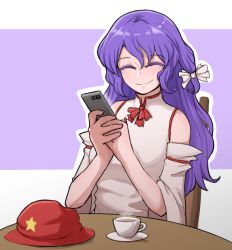 Rule 34 | 1girl, bare shoulders, breasts, chair, closed eyes, colored eyelashes, commentary, commission, cup, detached sleeves, dolls in pseudo paradise, english commentary, flat cap, hat, highres, label girl (dipp), long hair, mata (matasoup), phone, purple background, purple hair, red ribbon, ribbon, screen light, shirt, simple background, sitting, small breasts, smile, solo, star (symbol), table, tea, teacup, touhou, vest, white background, white ribbon, white shirt, white vest