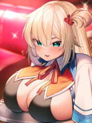 Rule 34 | 1girl, akai haato, aqua eyes, bikini, black bikini, blonde hair, blush, breast rest, breasts, breasts on table, breasts on tray, cleavage, collared shirt, commentary request, flying sweatdrops, hair between eyes, hair ornament, heart, heart hair ornament, highres, hololive, huge breasts, large breasts, long hair, looking at viewer, magowasabi, open clothes, open mouth, open shirt, shirt, short sleeves, sidelocks, signature, smile, solo, swimsuit, upper body, virtual youtuber, white shirt