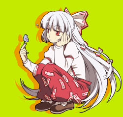 Rule 34 | 1girl, 490, baggy pants, bow, female focus, flower, fujiwara no mokou, full body, green background, hair bow, hair ribbon, head rest, holding, holding flower, juliet sleeves, long hair, long sleeves, pants, puffy sleeves, red eyes, red pants, ribbon, shirt, shoes, silver hair, simple background, solo, squatting, suspenders, touhou, tress ribbon, very long hair, white shirt