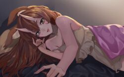 Rule 34 | 1girl, animal ear fluff, animal ears, brown camisole, brown hair, brown skirt, camisole, fangs, frilled camisole, frills, hand in own hair, highres, horns, kiunchiku, lying, miniskirt, on side, open mouth, original, pov, skin-covered horns, skirt, smile, solo