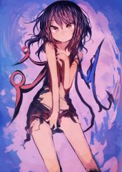 Rule 34 | 1girl, absurdres, asymmetrical wings, bare arms, black dress, black hair, dress, expressionless, highres, houjuu nue, kaamin (mariarose753), long hair, medium hair, red eyes, short dress, solo, torn clothes, torn dress, touhou, wings