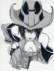 Rule 34 | 1girl, arc system works, bare shoulders, breasts, cleavage, detached sleeves, fingerless gloves, gloves, greyscale, guilty gear, i-no, large breasts, large hat, leaning forward, maon, marker (medium), monochrome, scan, scan artifacts, short hair, signature, solo, traditional media