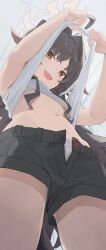 Rule 34 | 1girl, :d, ahoge, black hair, black shorts, blue archive, bra, brown eyes, clothes lift, commentary, halo, highres, hiroki (yyqw7151), horns, kasumi (blue archive), lifted by self, long hair, looking at viewer, navel, open mouth, panties, panties under shorts, shirt, shirt lift, shorts, smile, solo, stomach, underwear, upshirt, white bra, white panties, white shirt