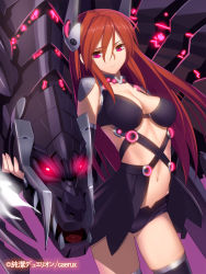 Rule 34 | 1girl, black thighhighs, copyright name, dragon, glowing, glowing eyes, junketsu duelion, long hair, mecha musume, mistre haddad, official art, open clothes, open skirt, pink eyes, red hair, short shorts, shorts, skirt, solo, thighhighs, watermark, yangsion