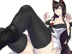 Rule 34 | 1girl, animal ears, bare shoulders, black thighhighs, blouse, blush, boots, breasts, brooch, brown hair, cleavage, collarbone, curvy, female focus, highres, imaizumi kagerou, jewelry, large breasts, long hair, looking at viewer, nicutoka, no pants, panties, pantyshot, red eyes, shirt, sketch, smile, solo, thick thighs, thighhighs, thighs, torn clothes, torn shirt, touhou, underwear, white background, white panties, white shirt, wide hips, wolf ears