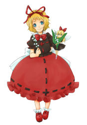 Rule 34 | 1girl, blonde hair, blue eyes, bow, bowtie, bubble skirt, dress, female focus, flower, hair ribbon, hairband, lily of the valley, looking at viewer, medicine melancholy, puffy short sleeves, puffy sleeves, red bow, red bowtie, red dress, red ribbon, ribbon, shikai, shikai (iesiki 56), short hair, short sleeves, simple background, skirt, solo, su-san, touhou, white background