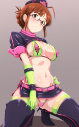 Rule 34 | 1girl, akizuki ritsuko, antenna hair, bikini, blush, boots, braid, breasts, brown eyes, brown hair, cameltoe, commentary request, cosplay, covered erect nipples, curvy, embarrassed, fate/grand order, fate (series), florence nightingale (fate), florence nightingale (fate) (cosplay), florence nightingale (trick or treatment) (fate), florence nightingale (trick or treatment) (fate) (cosplay), folded ponytail, glasses, gloves, gluteal fold, green gloves, green thighhighs, grey background, halloween, hat, high heel boots, high heels, highres, idolmaster, idolmaster (classic), large breasts, latex, latex gloves, layered bikini, long hair, looking at viewer, navel, nurse, nurse cap, official alternate costume, parted lips, revealing clothes, shiny clothes, shiny skin, shrug (clothing), simple background, skirt, solo, squatting, stomach, swimsuit, teeth, tengu (tetuo kun), thighhighs, thighs