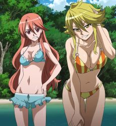 Rule 34 | 10s, 2girls, akame ga kill!, bikini, blonde hair, breasts, brown hair, candy, chelsea (akame ga kill!), cleavage, food, hand on own hip, highres, large breasts, leone (akame ga kill!), lollipop, long hair, looking at viewer, multiple girls, navel, open mouth, red eyes, smile, square enix, standing, stitched, swimsuit, thighs, third-party edit, yellow eyes