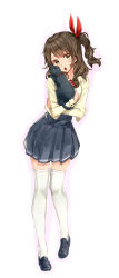 Rule 34 | 1girl, blush, brown eyes, brown hair, cat, commentary request, full body, hair ribbon, highres, kazeno, loafers, long hair, long sleeves, looking at viewer, mole, mole under eye, open mouth, original, pleated skirt, ribbon, school uniform, shoes, side ponytail, skirt, solo, thighhighs, white thighhighs