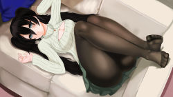 Rule 34 | 1girl, :o, bad id, bad pixiv id, black hair, black pantyhose, blue eyes, breasts, cleavage cutout, clothing cutout, couch, d10c2, feet, feet together, from above, highres, legs, legs up, looking at viewer, lying, meme attire, no shoes, on back, open-chest sweater, original, pantyhose, pleated skirt, ribbed sweater, skirt, solo, sweater, toes, turtleneck, twintails
