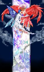 Rule 34 | 1boy, 1girl, blue theme, butterfly wings, chacott, cloud, couple, dress, hetero, highres, insect wings, kaito (vocaloid), kiss, meiko (vocaloid), red theme, sky, vocaloid, wings